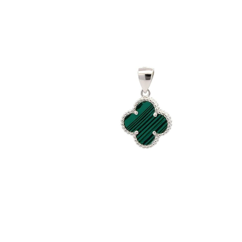 925 Sterling Silver Pendant Flower Clover Green Synthetic Malachite - Picture 4 of 5